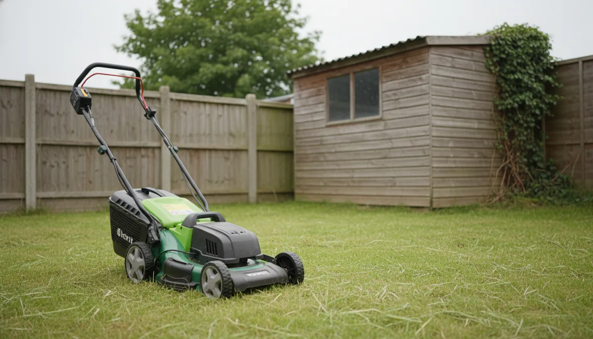 Affordable budget cordless lawn mower beside a garden shed in a UK garden