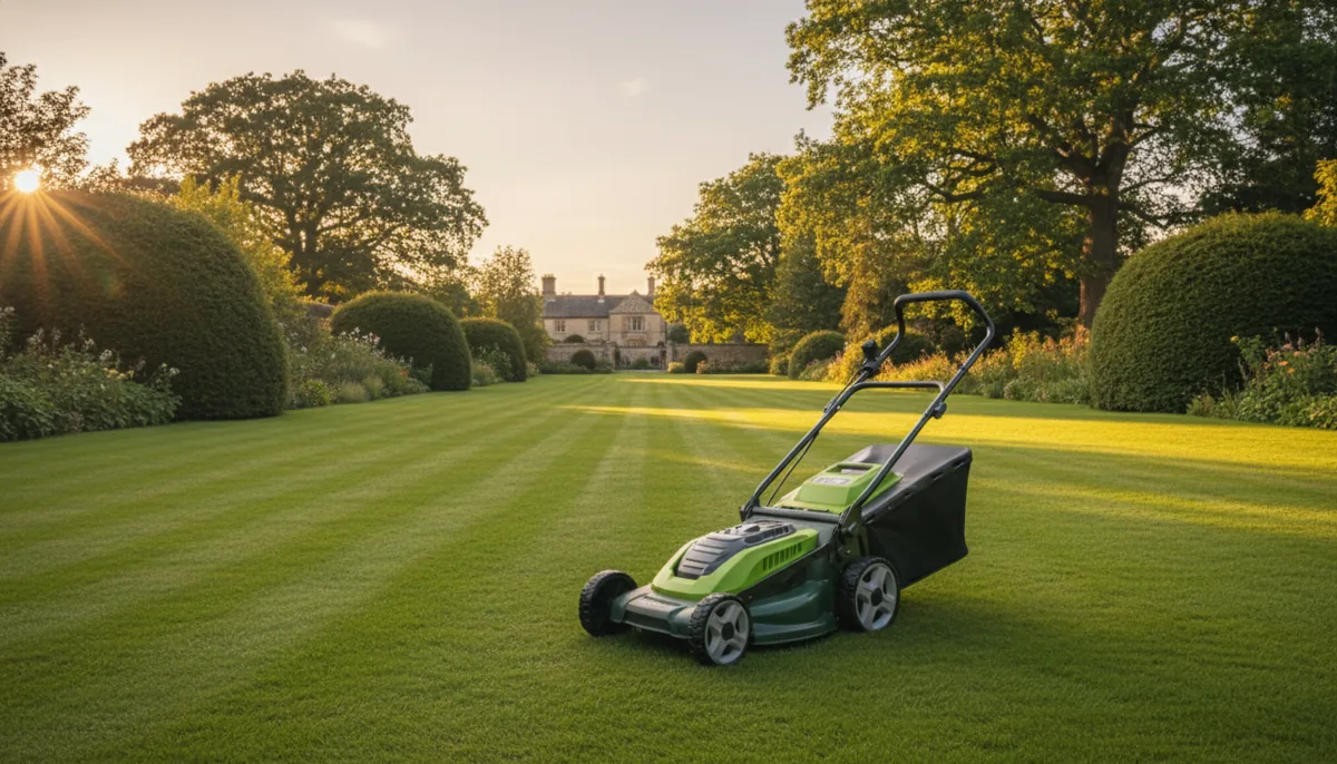 Self-propelled cordless lawn mower on a large UK country garden lawn