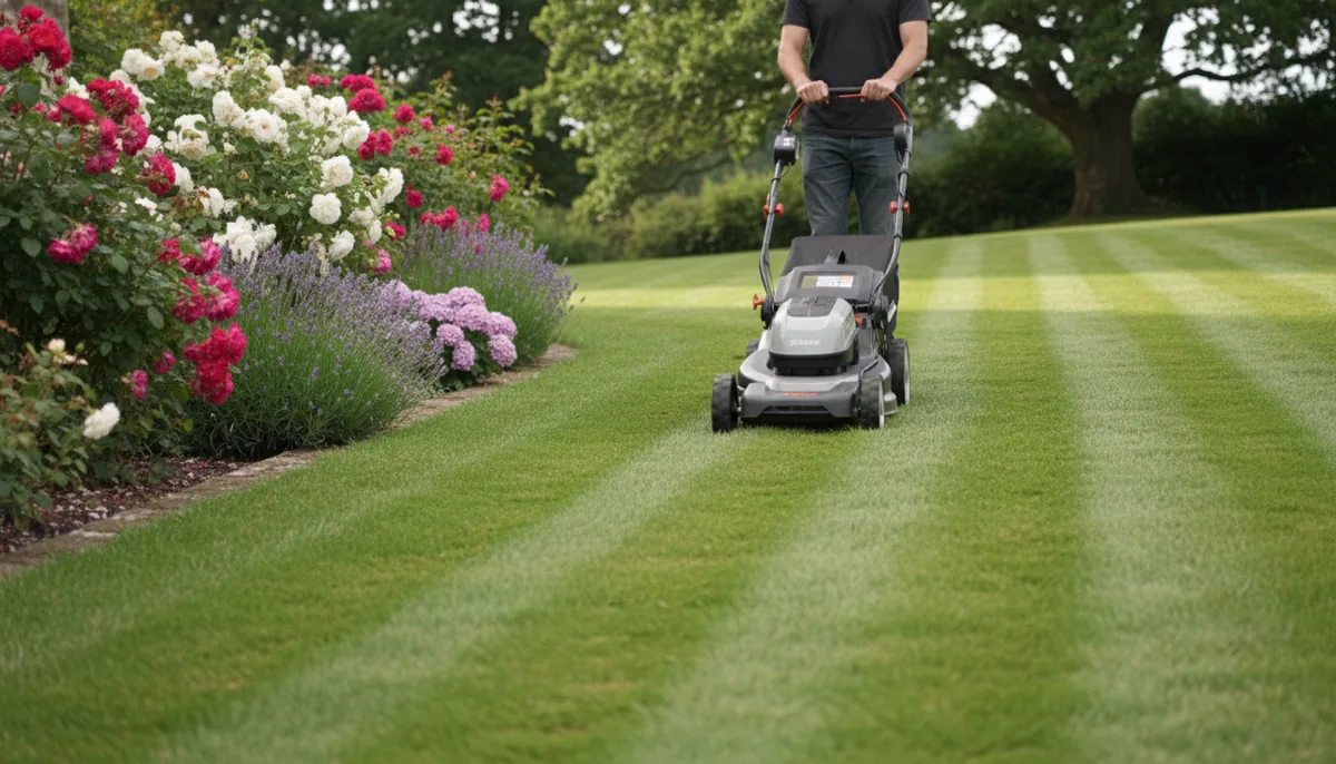 Powerful self-propelled cordless lawn mower cutting a large UK garden lawn