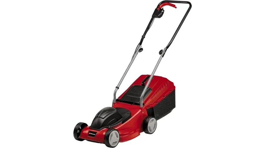 Electric lawn mower cutting a UK garden