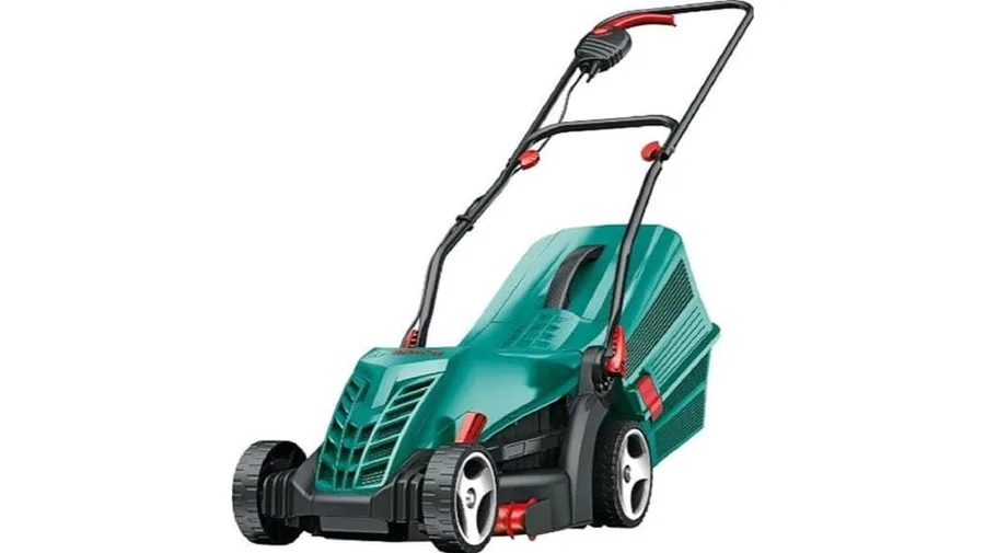 Bosch Rotak corded electric lawn mower on a UK lawn