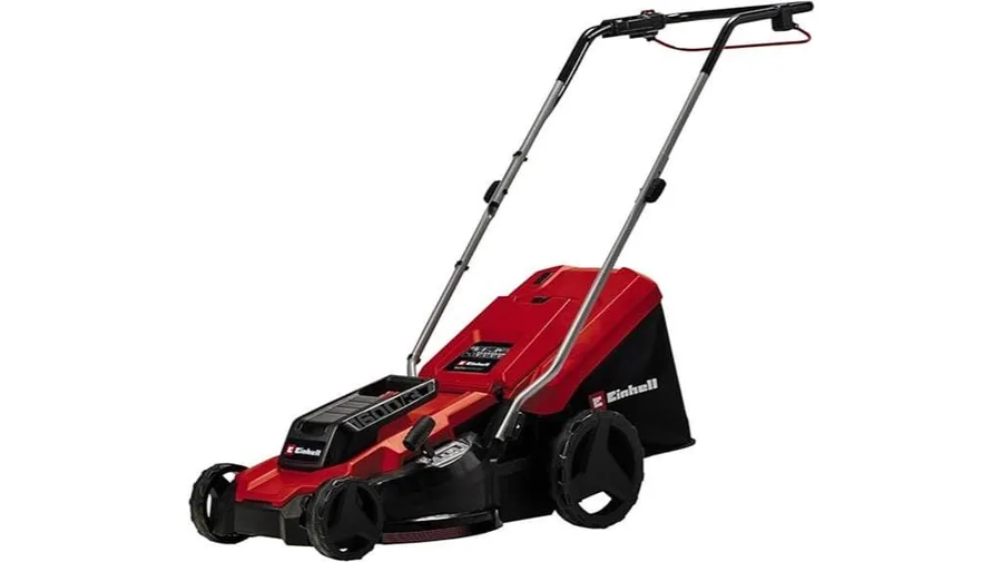Petrol self-propelled lawn mower on a UK garden